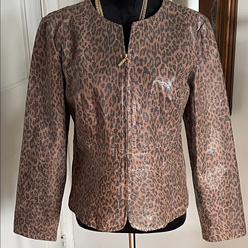 Vintage Live a Little leather, animal print tailored jacket. Collarless. EUC